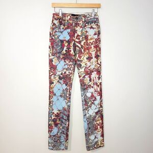 Just Cavalli Size 26 NWT Blue red Print Distressed High Waist Skinny Jeans